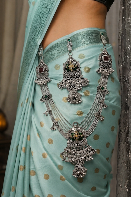 Oxidised Silver Floral Green Stone Multi-Layer Necklace Set with Matching Earrings