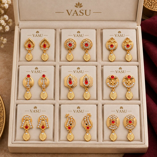 Designer Gold-Plated Red Stone & CZ Drop Earrings – 9 Pair Collection