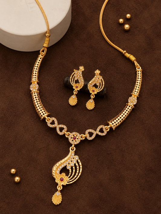 Elegant Gold-Plated CZ & Ruby-Accent Necklace Set with Matching Earrings