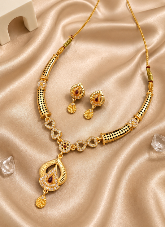 Elegant Gold-Plated Pendant Necklace & Matching Earrings Set with Red Stone Detailing