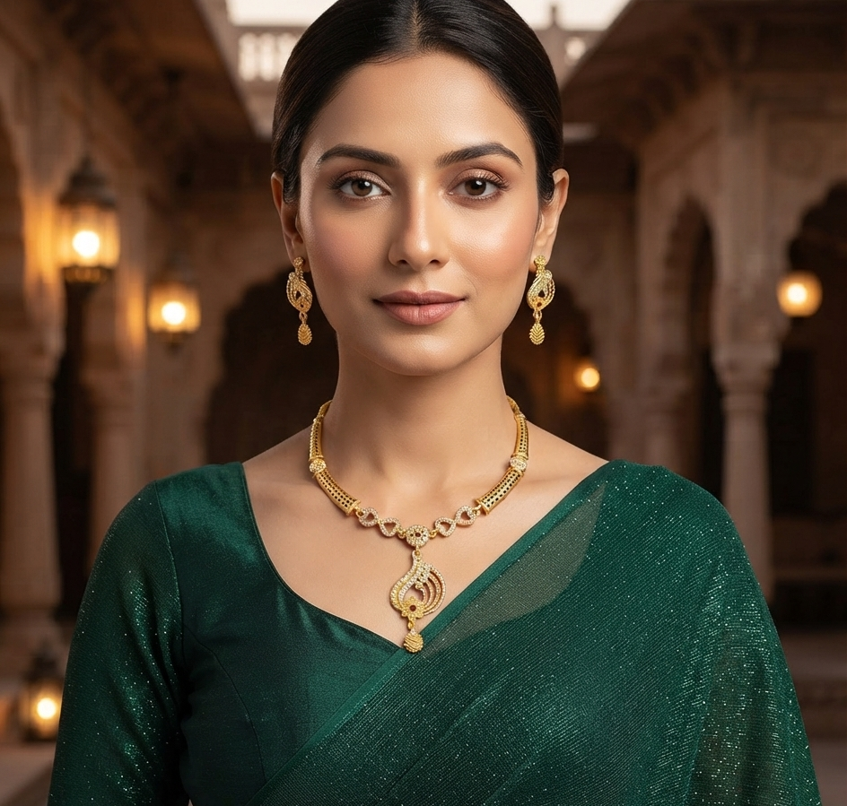 Elegant Gold-Plated CZ & Ruby-Accent Necklace Set with Matching Earrings