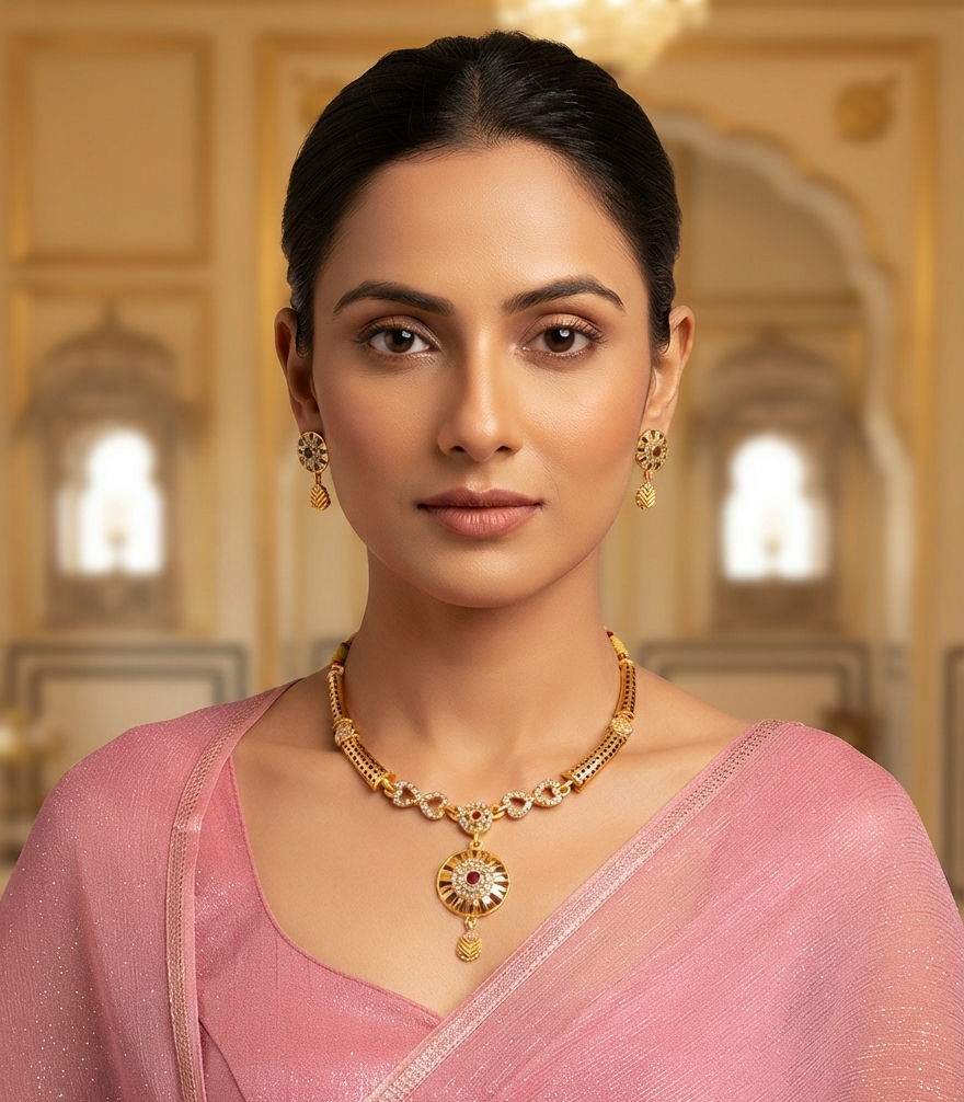 Elegant Gold-Plated Ruby Stone Necklace & Matching Drop Earrings Set