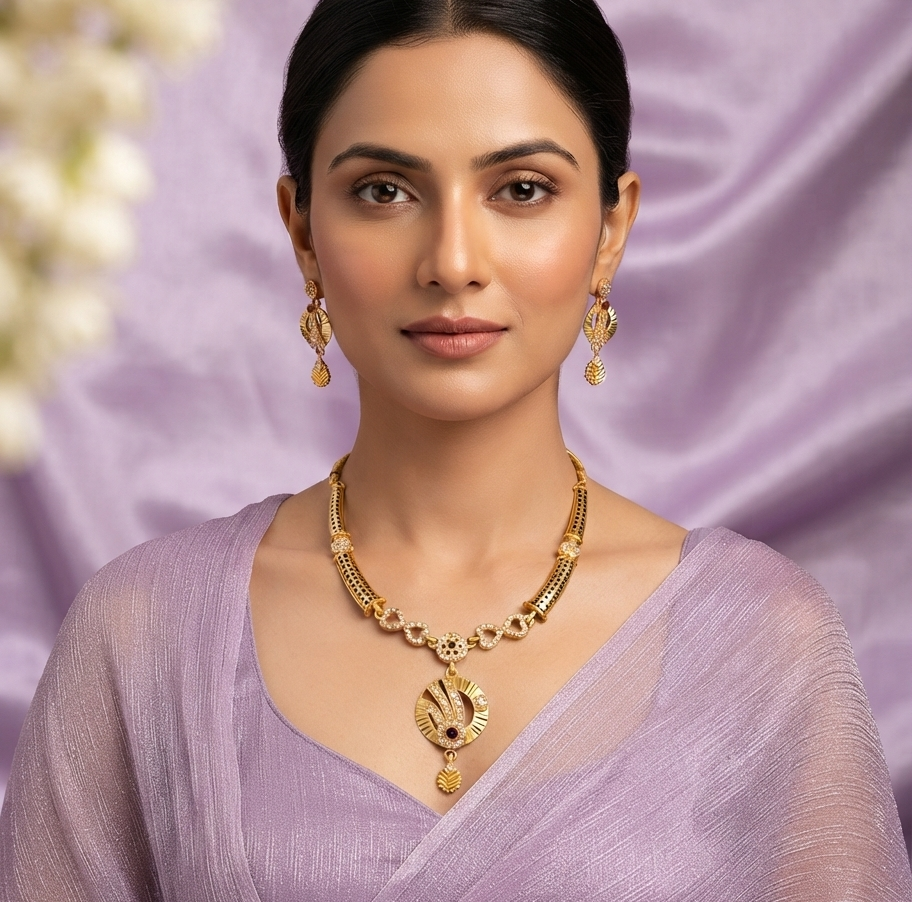 Elegant Gold-Plated CZ Necklace & Matching Earrings Set with Red Stone Accents