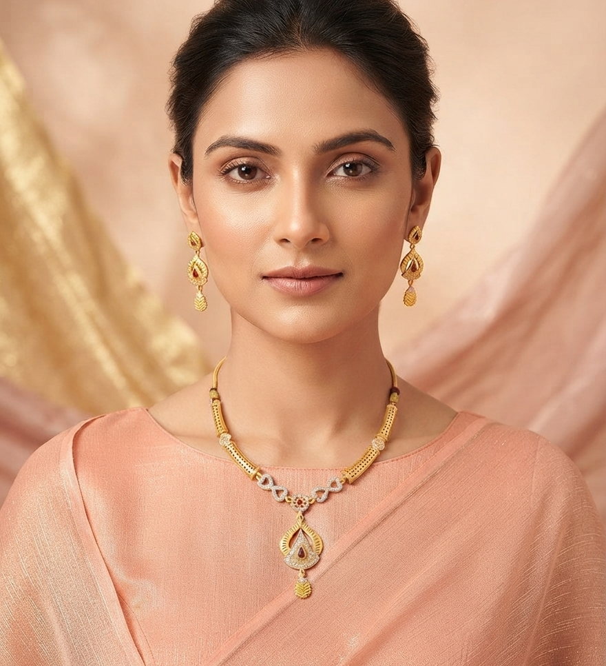 Elegant Gold-Plated Pendant Necklace & Matching Earrings Set with Red Stone Detailing