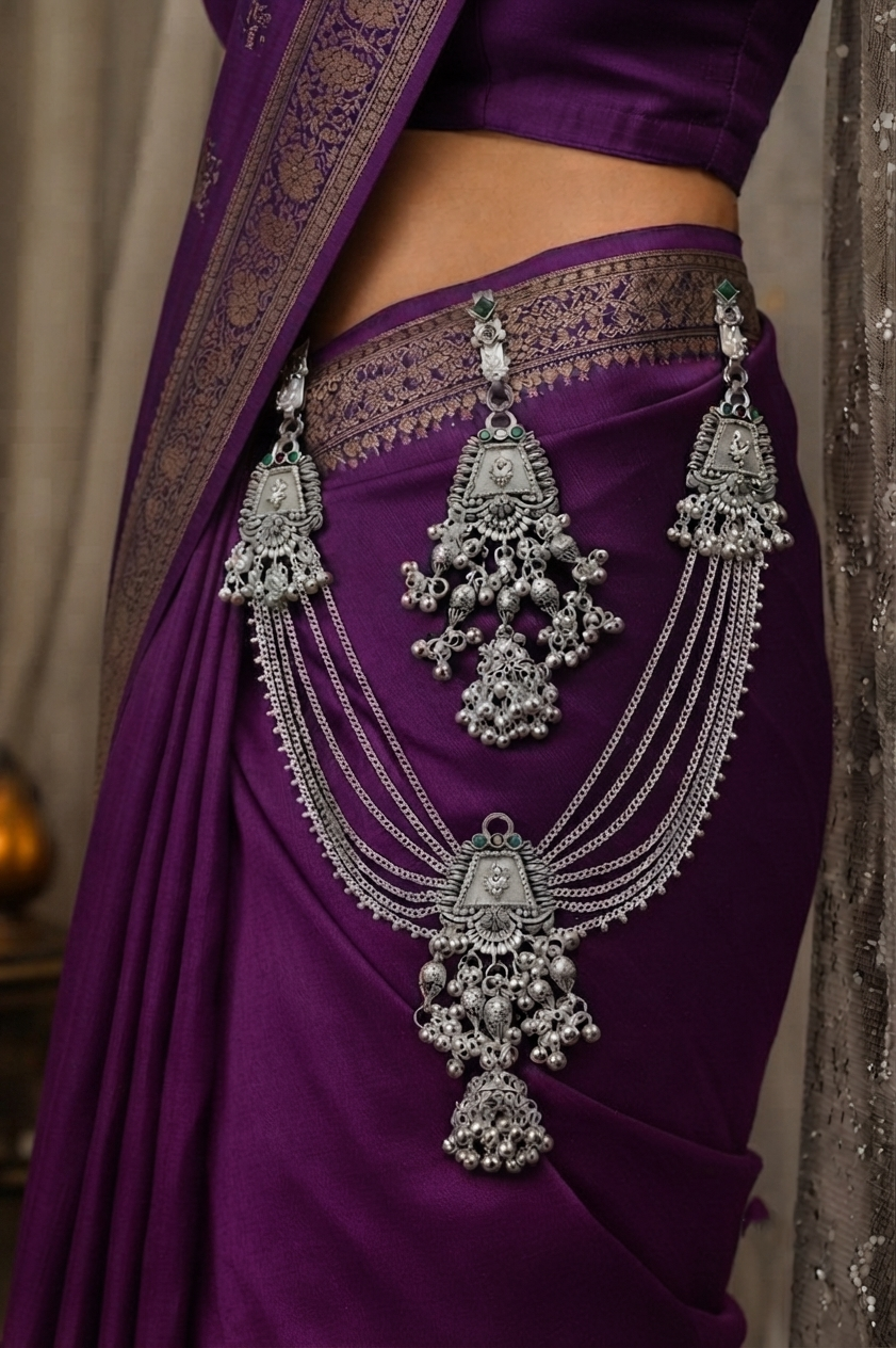 Traditional Oxidized Silver Kamarbandh with Green Stone & Antique Charms