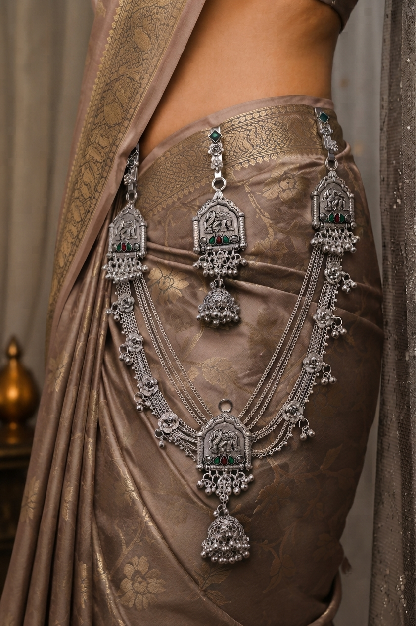 Traditional Oxidized Silver Elephant Motif Kamarbandh – Multilayer Waist Belt with Green & Red Stone Accents