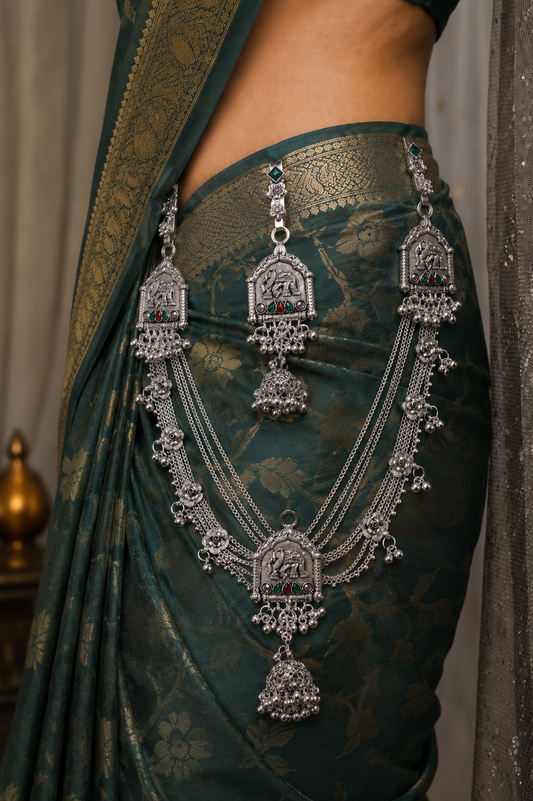 Traditional Oxidized Silver Elephant Motif Kamarbandh – Multilayer Waist Belt with Green & Red Stone Accents