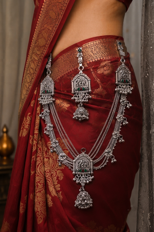 Traditional Oxidized Silver Elephant Motif Kamarbandh – Multilayer Waist Belt with Green & Red Stone Accents