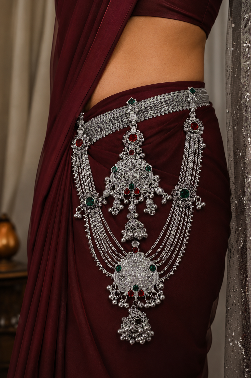 Traditional Silver Look Kamarbandh with Red & Green Stone Detailing