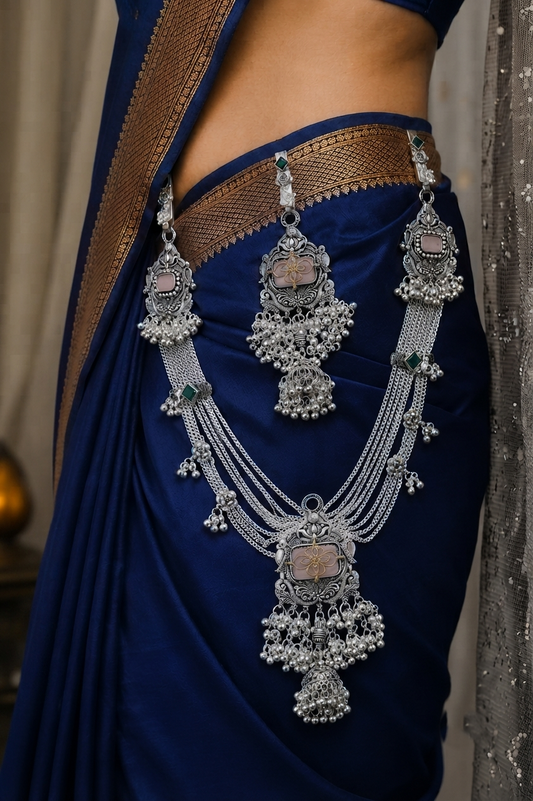 Premium Oxidised Silver Kamarbandh & Kamarchhalla Set with Pink Stone, Green Accents & Ghungroo Detailing