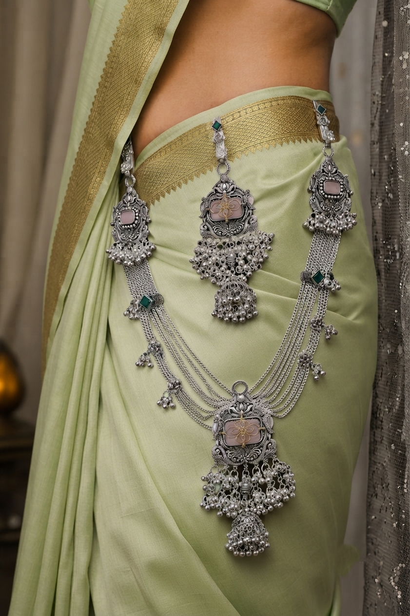 Premium Oxidised Silver Kamarbandh & Kamarchhalla Set with Pink Stone, Green Accents & Ghungroo Detailing