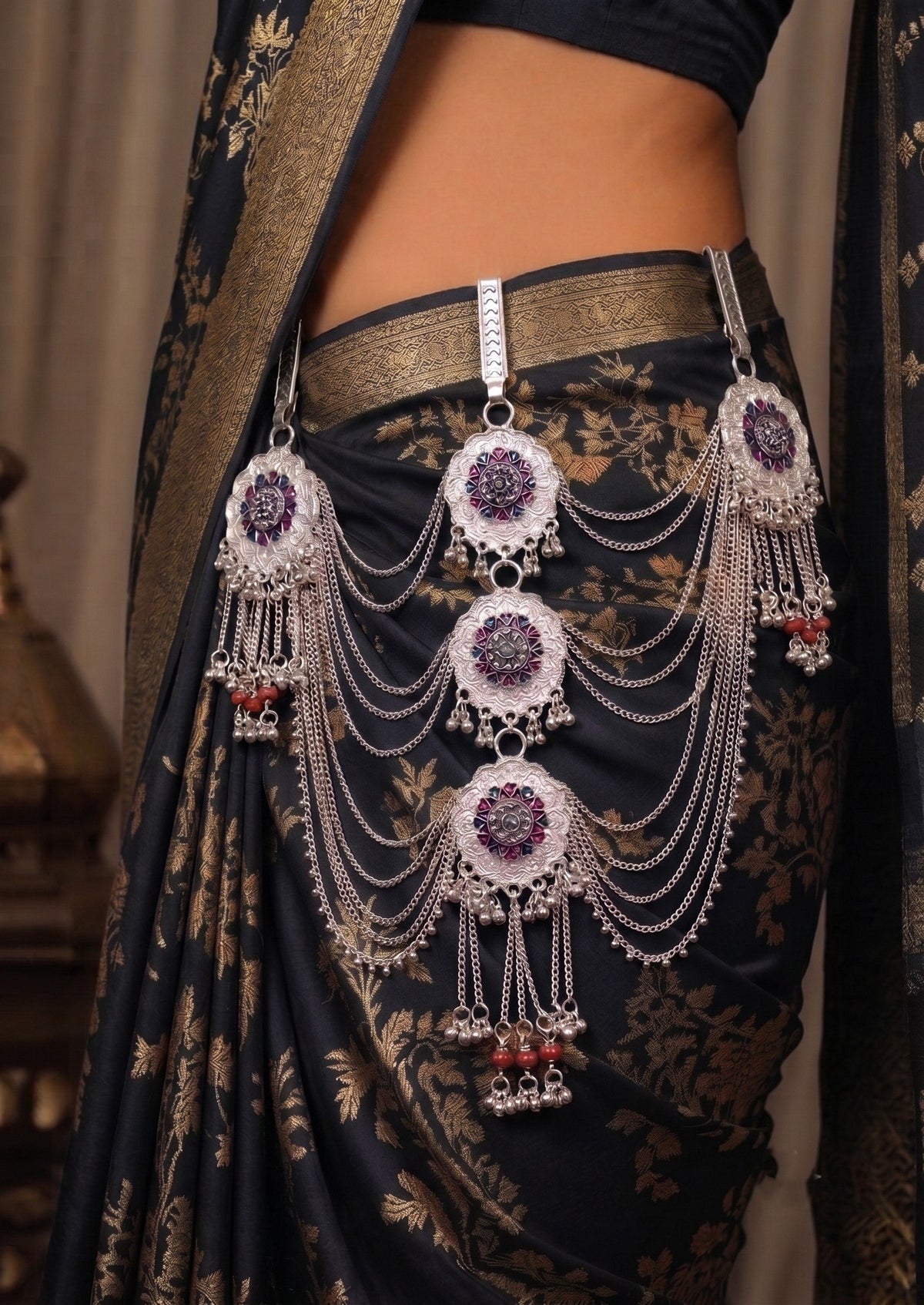 raditional Silver-Tone Multilayer Kamarbandh with Floral Motif & Red Bead Detailing
