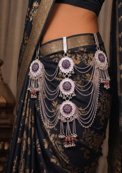 raditional Silver-Tone Multilayer Kamarbandh with Floral Motif & Red Bead Detailing