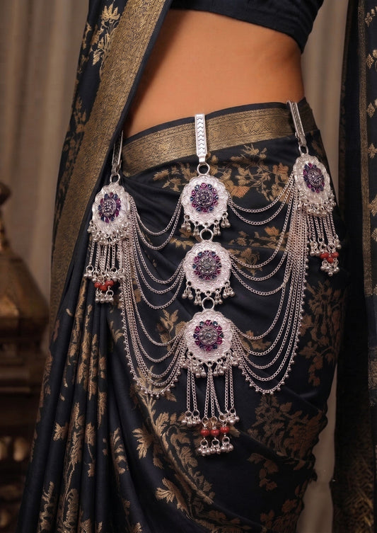 raditional Silver-Tone Multilayer Kamarbandh with Floral Motif & Red Bead Detailing