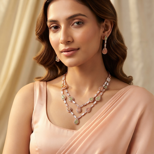 Elegant Rose Gold & Pastel Stone Layered Necklace Set