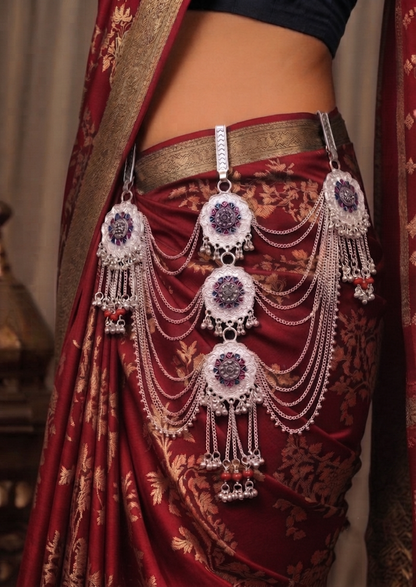 raditional Silver-Tone Multilayer Kamarbandh with Floral Motif & Red Bead Detailing