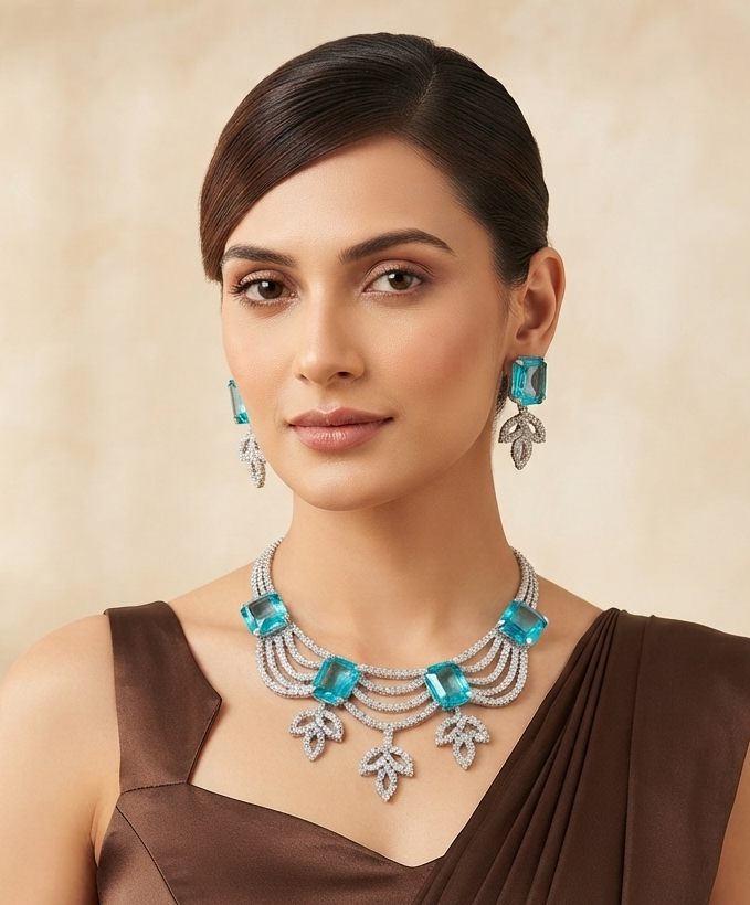 Elegant Aqua Blue CZ Crystal Necklace Set
