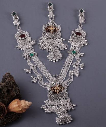 Traditional Oxidised Silver Kamarbandh & Kamarchhalla with Maroon-Green Stone Work