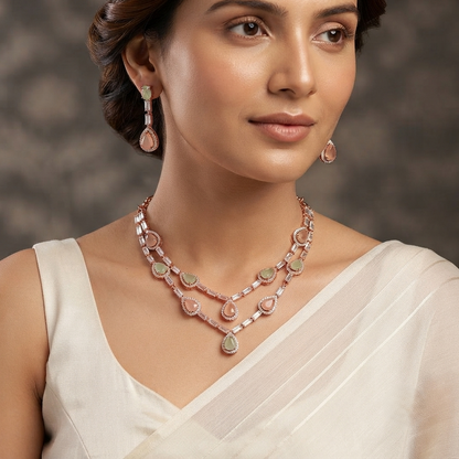 Elegant Rose Gold & Pastel Stone Layered Necklace Set