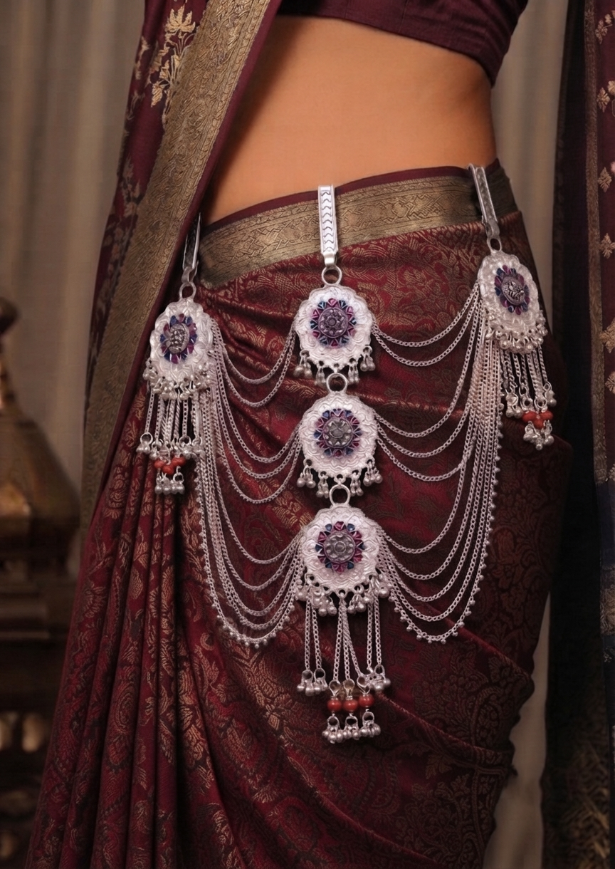 raditional Silver-Tone Multilayer Kamarbandh with Floral Motif & Red Bead Detailing