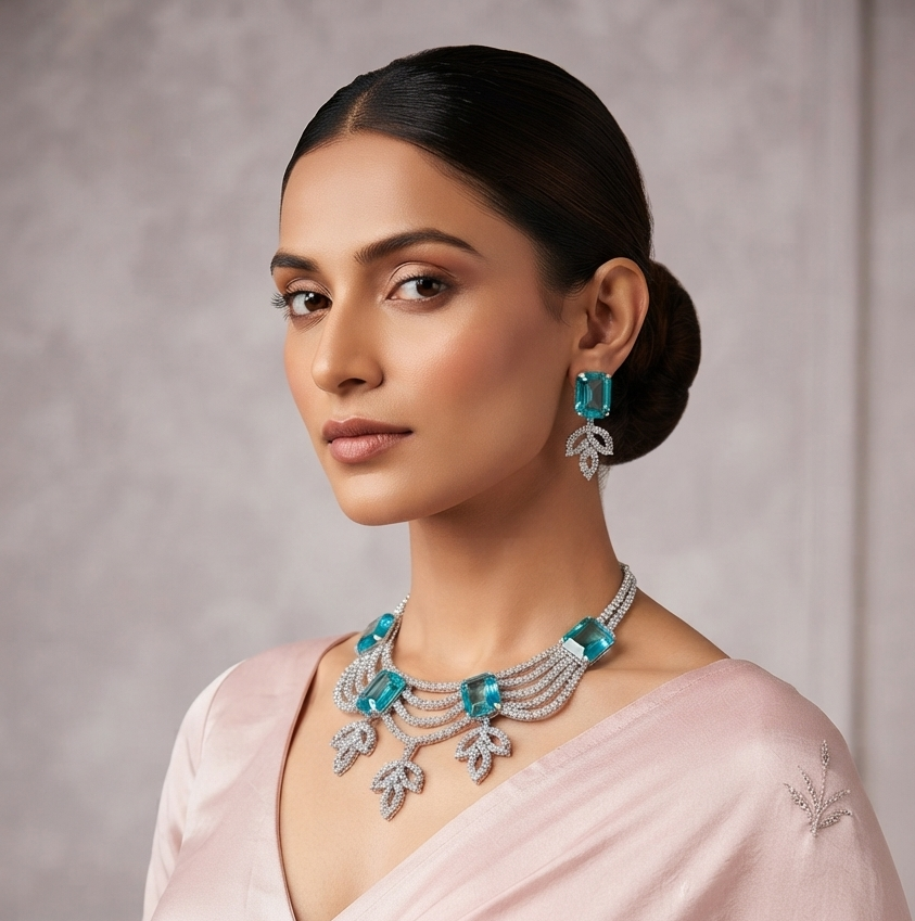 Elegant Aqua Blue CZ Crystal Necklace Set