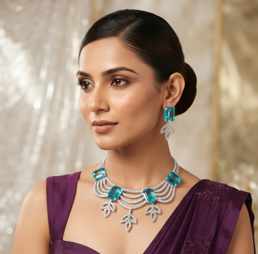 Elegant Aqua Blue CZ Crystal Necklace Set