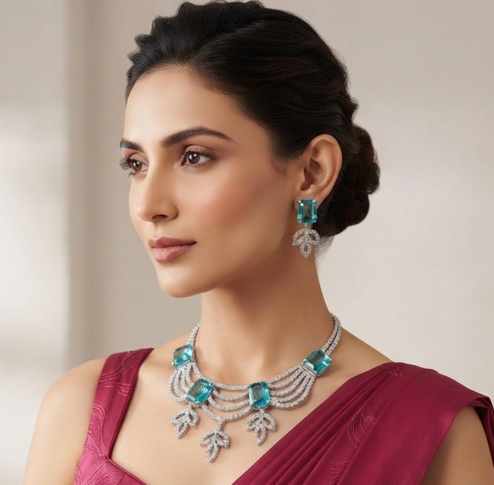 Elegant Aqua Blue CZ Crystal Necklace Set