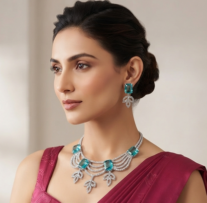 Elegant Aqua Blue CZ Crystal Necklace Set