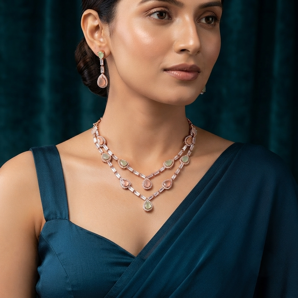 Elegant Rose Gold & Pastel Stone Layered Necklace Set