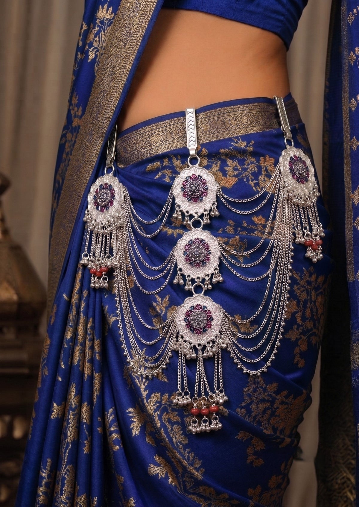 raditional Silver-Tone Multilayer Kamarbandh with Floral Motif & Red Bead Detailing