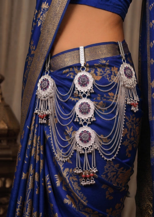 raditional Silver-Tone Multilayer Kamarbandh with Floral Motif & Red Bead Detailing