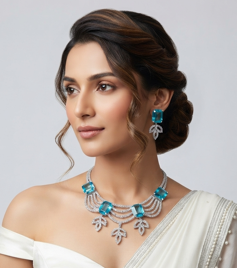 Elegant Aqua Blue CZ Crystal Necklace Set
