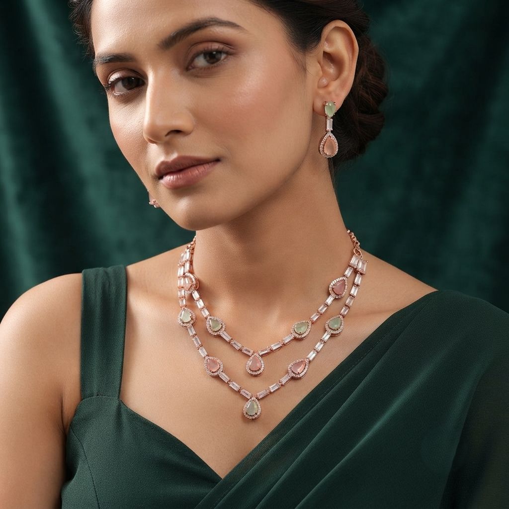 Elegant Rose Gold & Pastel Stone Layered Necklace Set