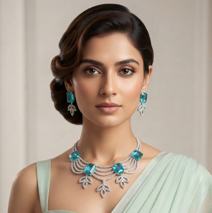 Elegant Aqua Blue CZ Crystal Necklace Set