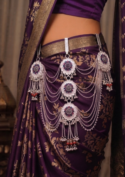 raditional Silver-Tone Multilayer Kamarbandh with Floral Motif & Red Bead Detailing