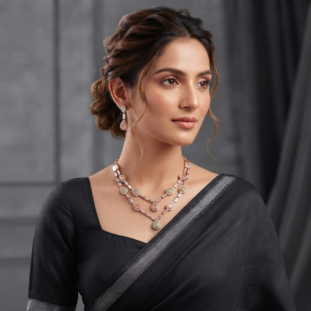 Elegant Rose Gold & Pastel Stone Layered Necklace Set