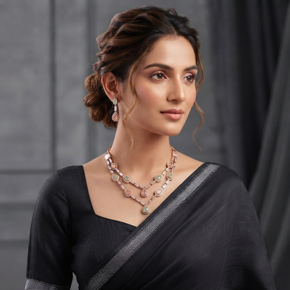 Elegant Rose Gold & Pastel Stone Layered Necklace Set