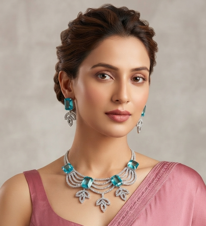 Elegant Aqua Blue CZ Crystal Necklace Set