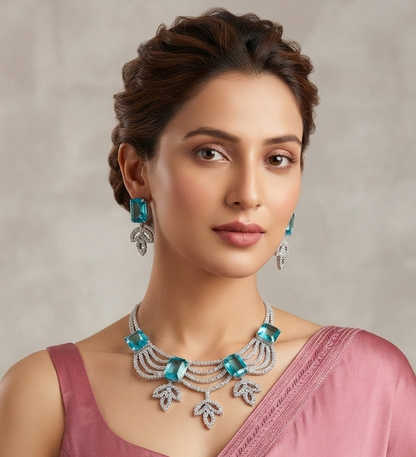 Elegant Aqua Blue CZ Crystal Necklace Set