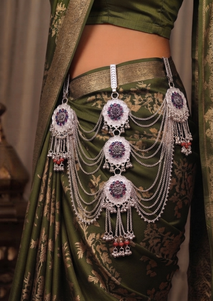 raditional Silver-Tone Multilayer Kamarbandh with Floral Motif & Red Bead Detailing
