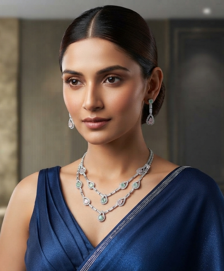 Elegant Rose Gold & Pastel Stone Layered Necklace Set