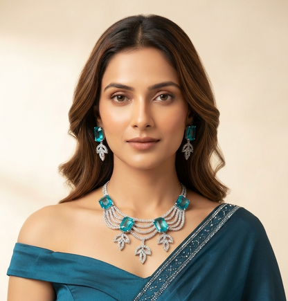 Elegant Aqua Blue CZ Crystal Necklace Set