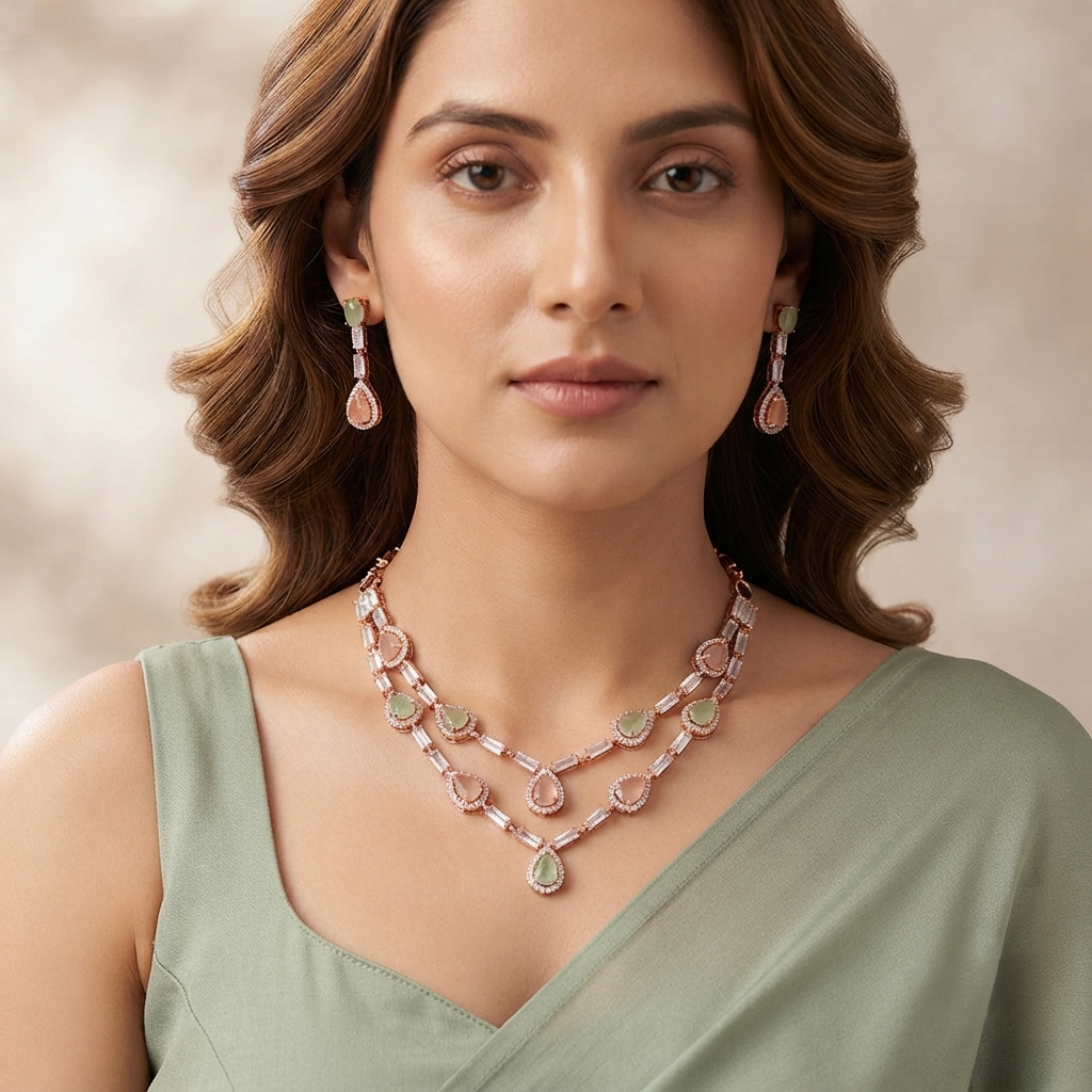Elegant Rose Gold & Pastel Stone Layered Necklace Set
