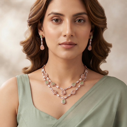 Elegant Rose Gold & Pastel Stone Layered Necklace Set