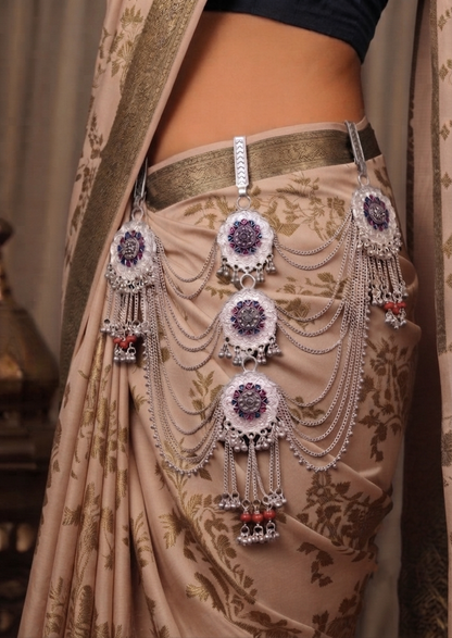 raditional Silver-Tone Multilayer Kamarbandh with Floral Motif & Red Bead Detailing