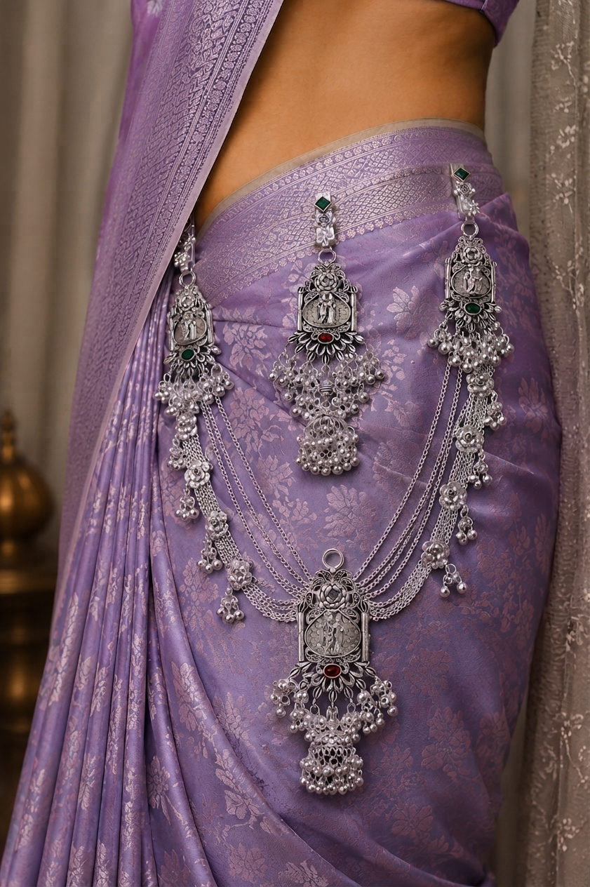 Exquisite Oxidized Silver Temple Waist Chain (Kamarbandh)