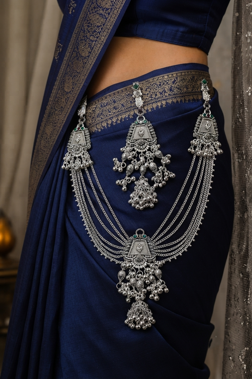 Traditional Oxidized Silver Kamarbandh with Green Stone & Antique Charms