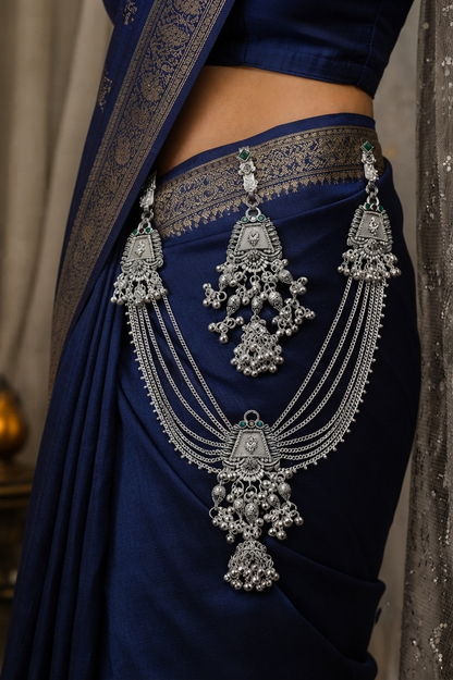Traditional Oxidized Silver Kamarbandh with Green Stone & Antique Charms