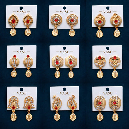 Designer Gold-Plated Red Stone & CZ Drop Earrings – 9 Pair Collection