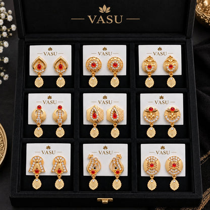 Designer Gold-Plated Red Stone & CZ Drop Earrings – 9 Pair Collection
